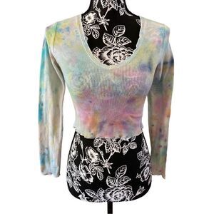 Freshman Rainbow Tie Dye Crop Top Waffle Lounge Cropped Long Sleeve T Shirt
